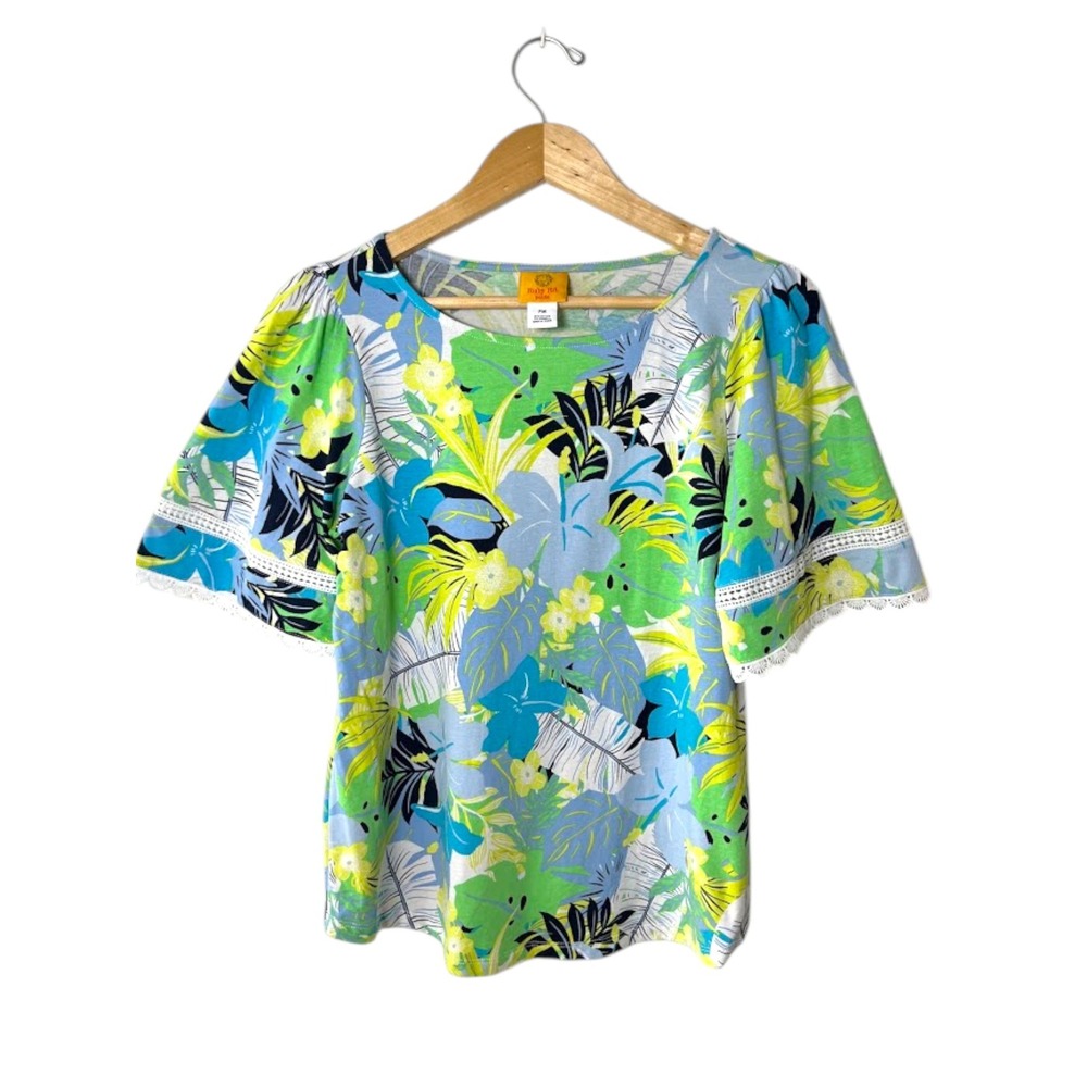 Ruby‎ Rd Petite Tropical Floral Lace Trim Flutter Sleeve Top Green Blue PM